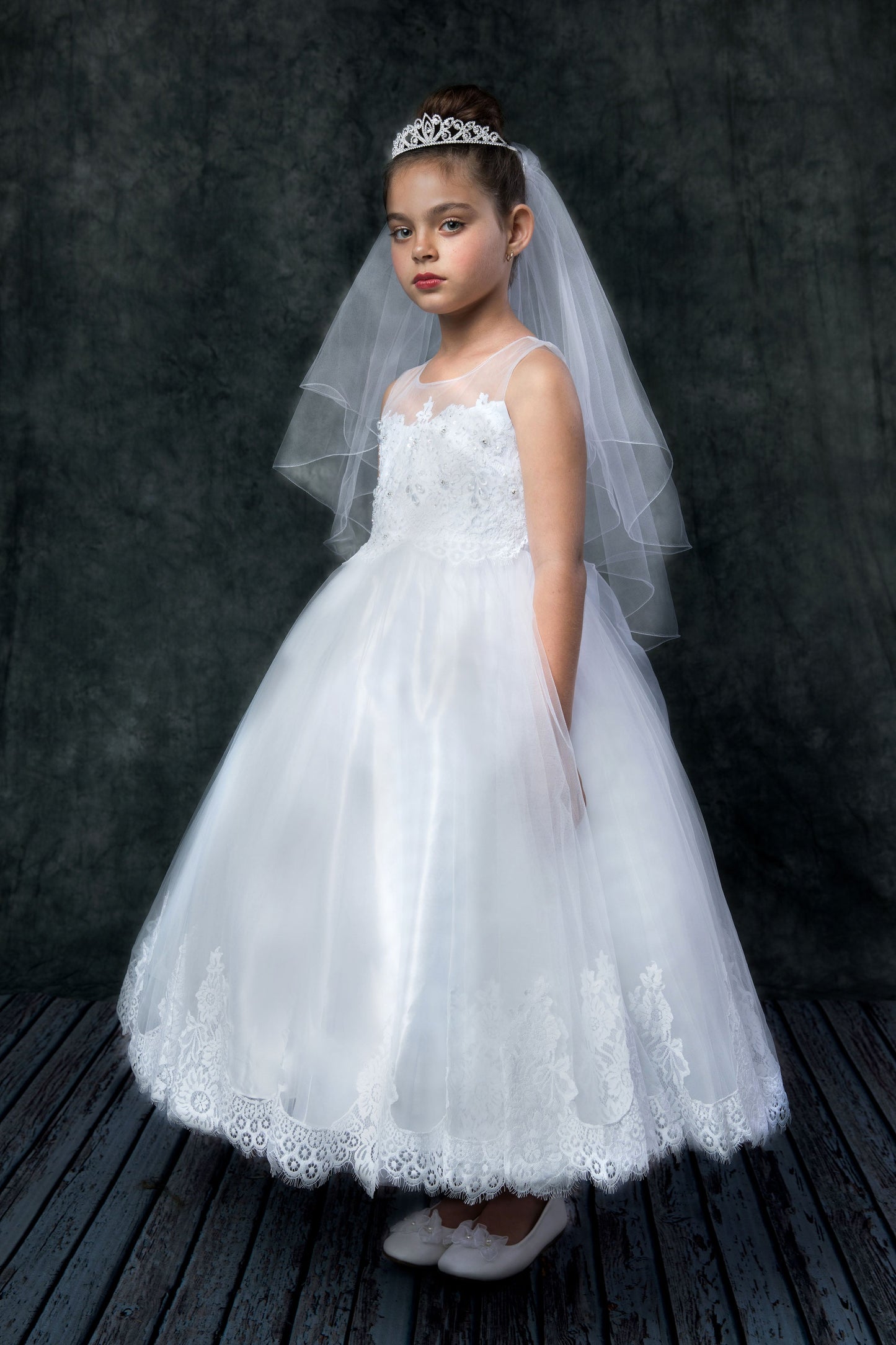 7007- Lace Applique Illusion Bateau Dress