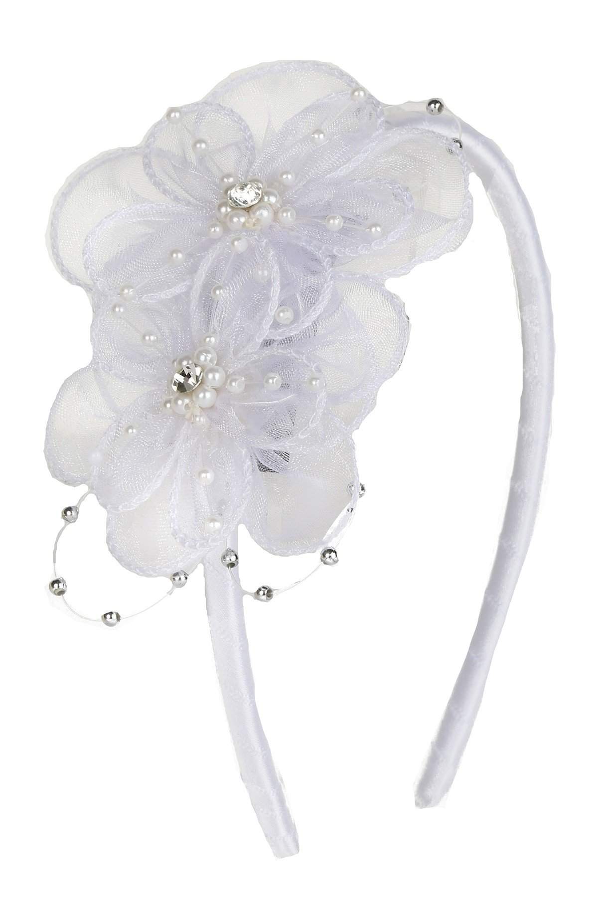 Gem Flower Headband-Kid's Dream-1_2,3_4,5_6,7_8,big_girl,color_White,fabric_Satin,little_girl,size_02,size_04,size_06,size_08,size_10,size_12,size_14