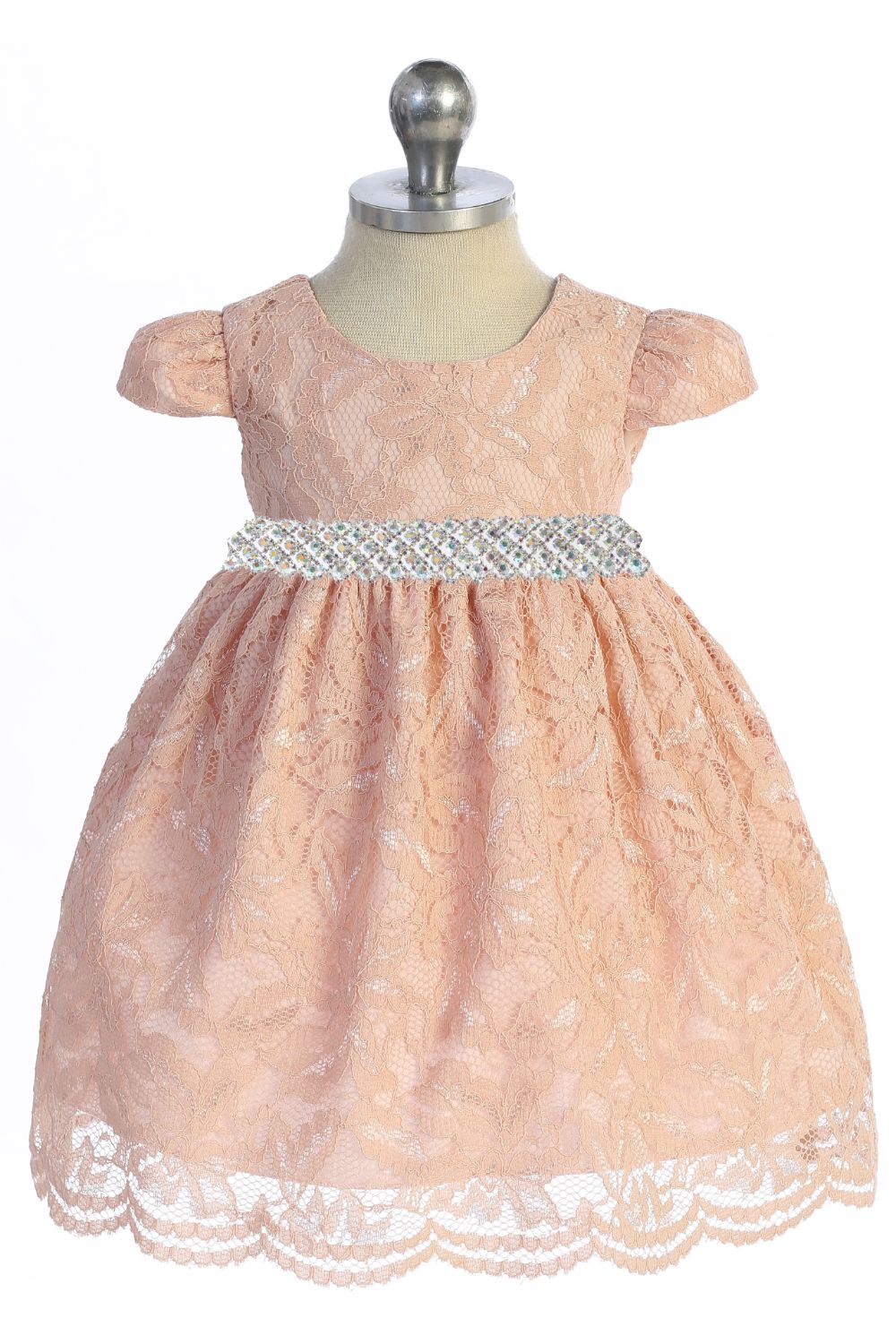 532-E- Lace V Back Bow Baby Dress w/ Thick Rhinestone Trim