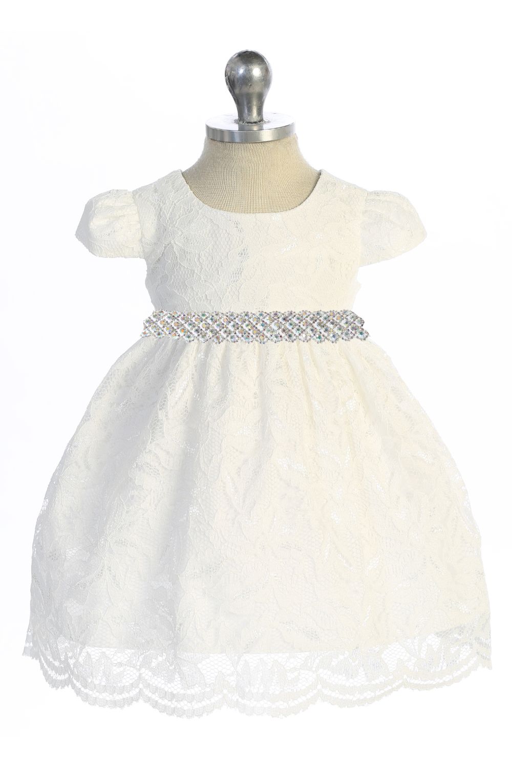 532-E- Lace V Back Bow Baby Dress w/ Thick Rhinestone Trim