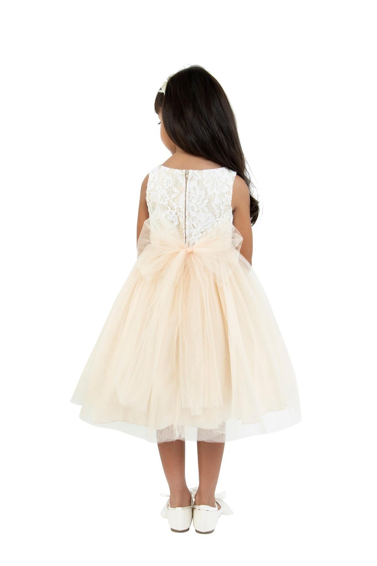 Dress - Lace Illusion Dress W/ 3 Mesh Flowers