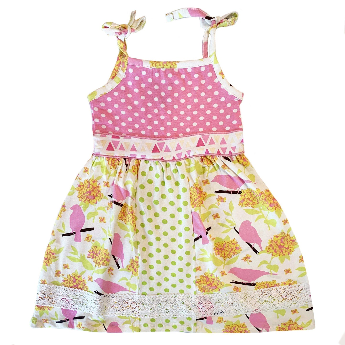Bird Floral Polka Dot Sleeveless Spaghetti Straps Dress-AnnLoren-2-3T,4-5T,6,7-8,9-10,ANNLOREN,Dresses,Easter,Girls,pink,Spring & Summer,Spring & Summer 2021,white,yellow