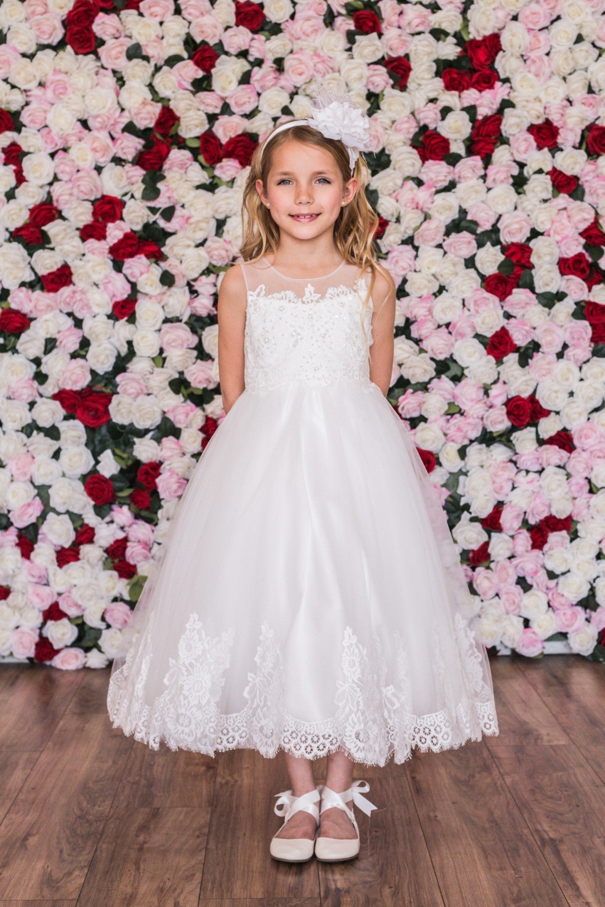 7007- Lace Applique Illusion Bateau Dress