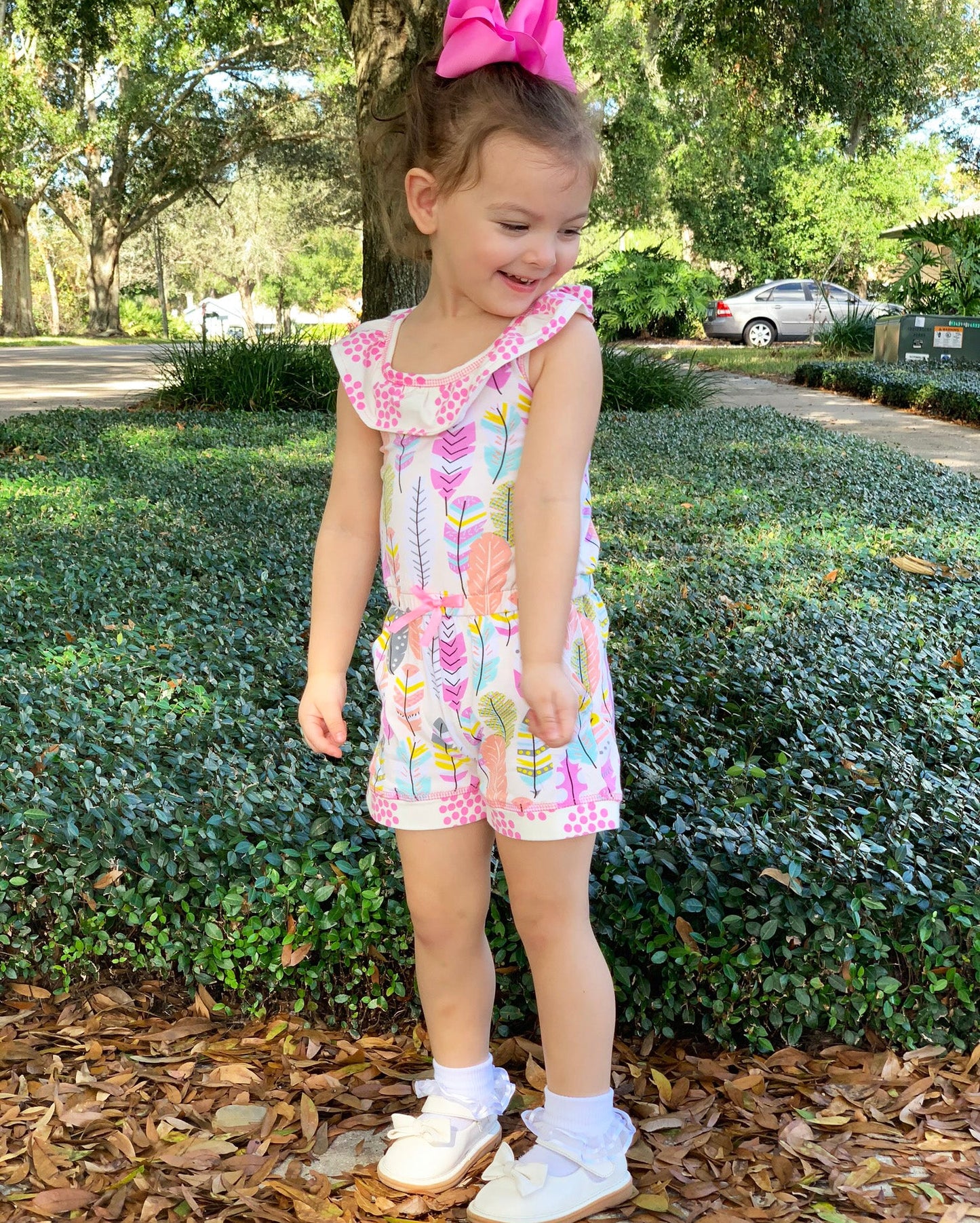 AnnLoren Big Little Girls Pink Feather & Polka Dots Shorts Jumpsuit Spring Summer One Piece Outfit