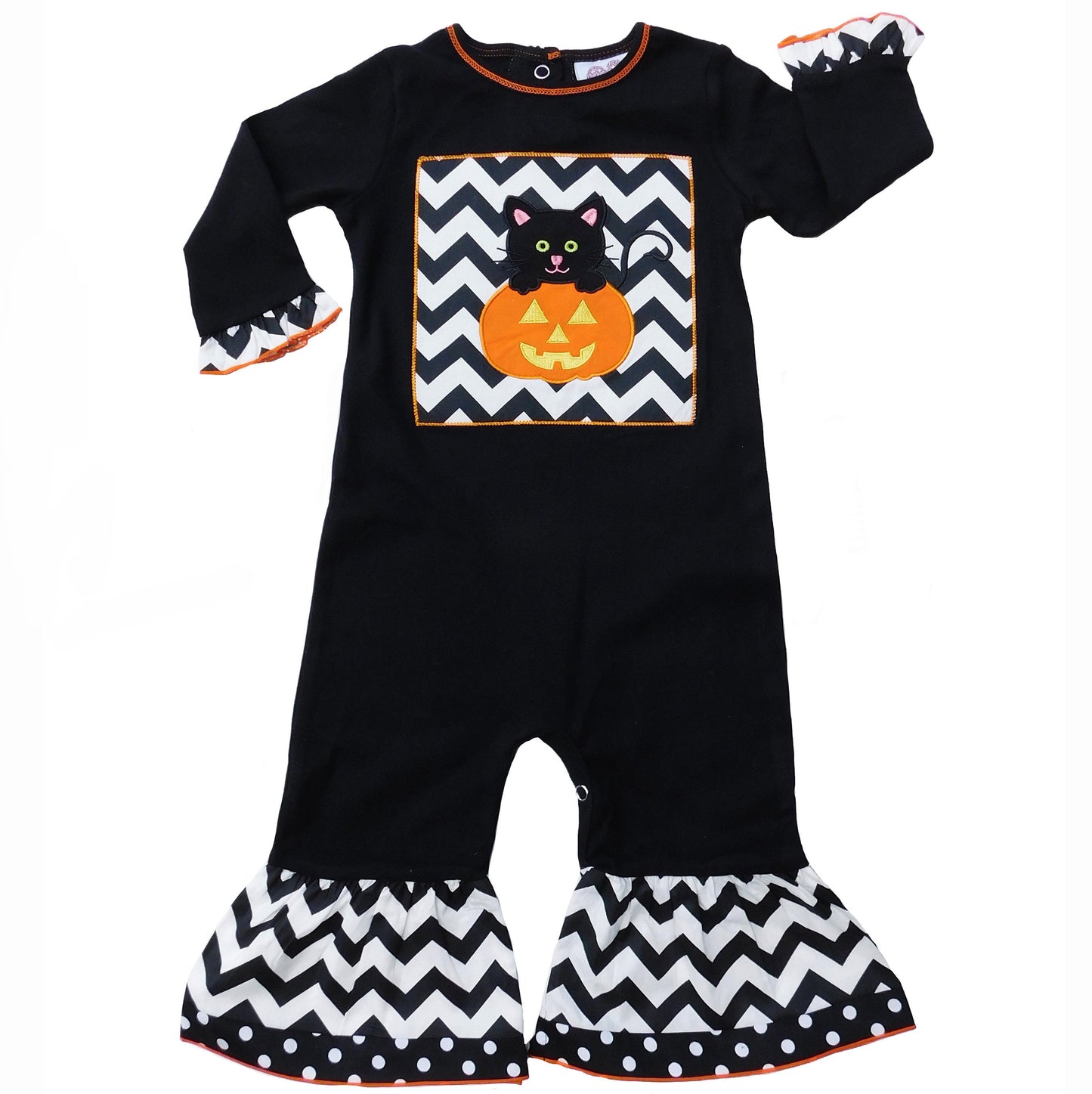 AnnLoren Baby Girls Black & White Halloween Kitten Pumpkin Holiday Romper