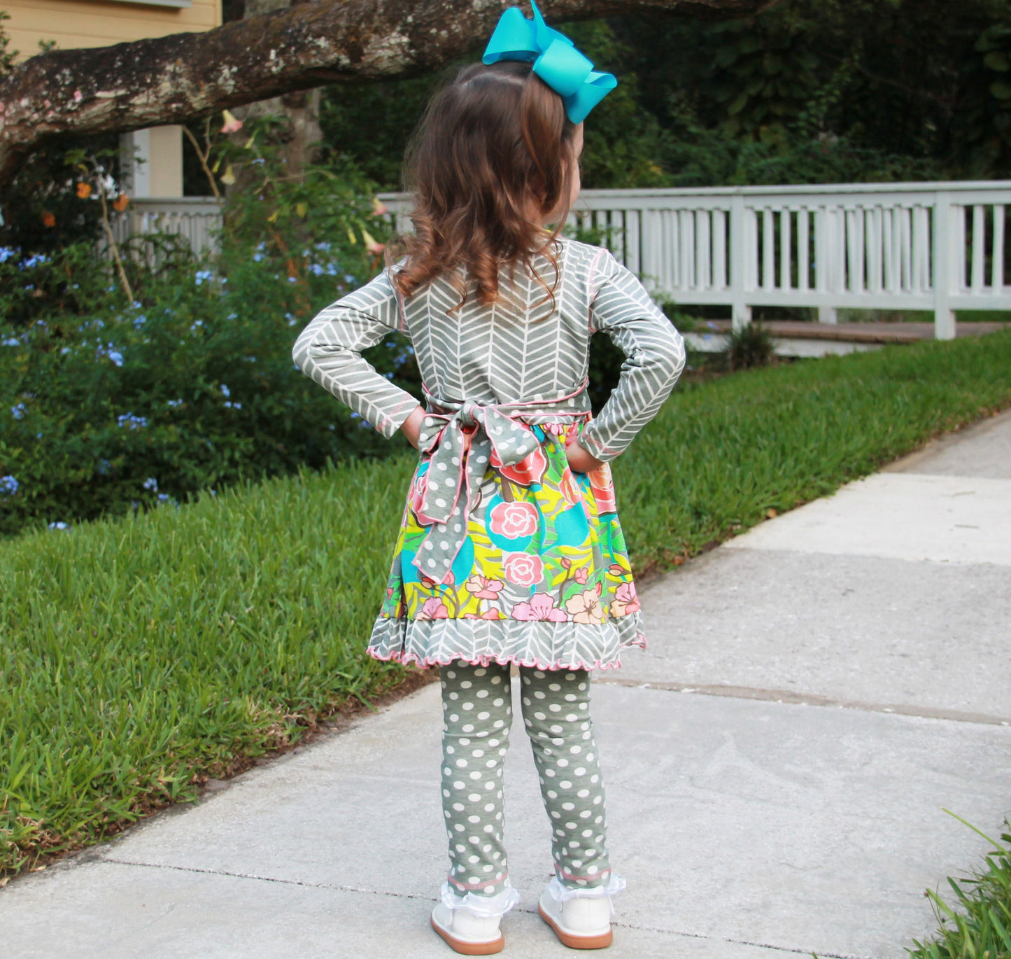 AnnLoren Girls Winter Herringbone Floral Polka Dot Dress & Legging Clothing Outfit Set sz 9/10
