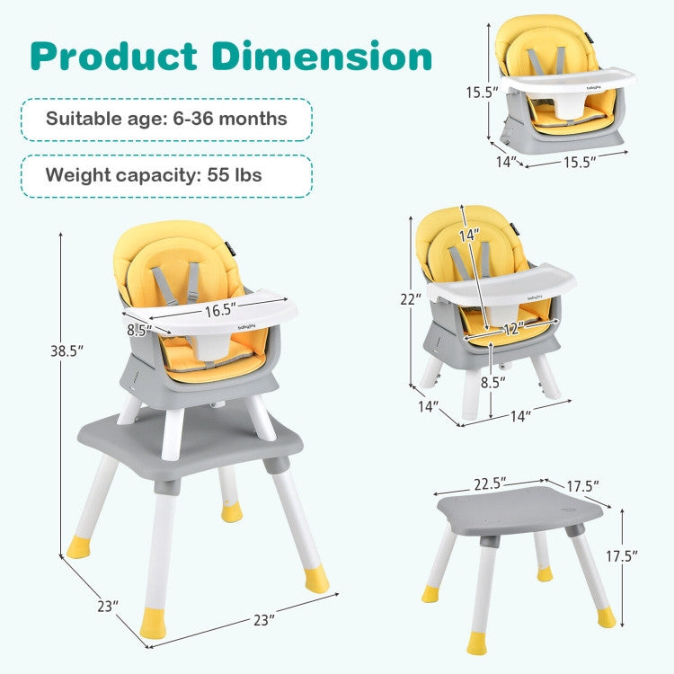 6-in-1 Convertible Baby High Chair with Adjustable Removable Tray