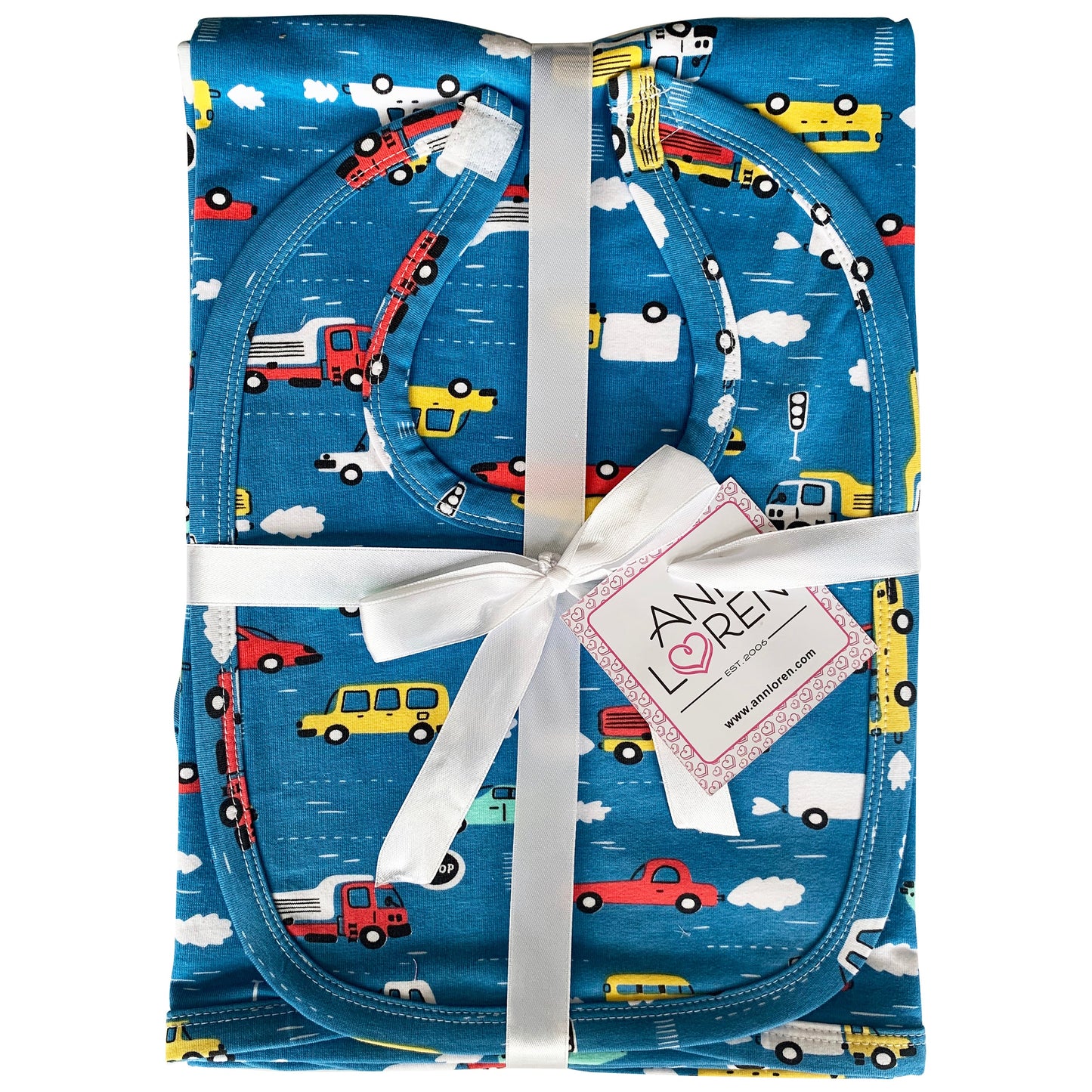 AnnLoren Baby Toddler Boy Cars Trucks Blanket & Bib Gift Set 2 pc Knit Cotton