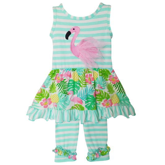 AnnLoren Big Little Toddler Girls' Pink Flamingo Palm Tree Dress & Capri Children's Cruise Wear Outfit