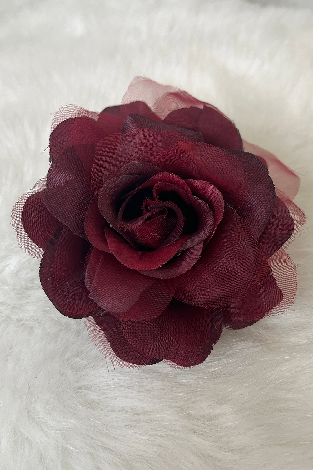 Burgundy fabric faux flower accessory from Kid's Dream, available as a single or pack, showcasing soft, realistic fabric flower details.