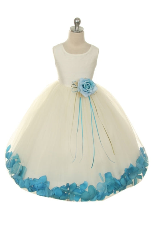 Ivory satin flower petal girls dress by Kid's Dream, featuring elegant satin fabric and floral details for special occasions.