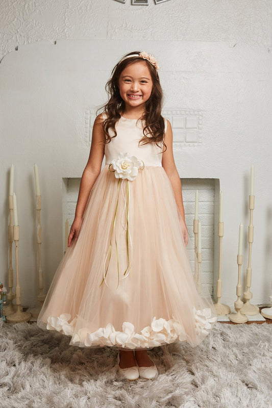 Blush satin flower petal girls dress by Kid's Dream in ivory with a floral design, suitable for plus sizes, front view.