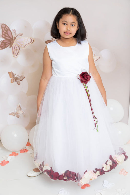 White satin flower petal plus size girls dress by Kid's Dream, showcasing elegant design with floral details and a smooth satin finish.