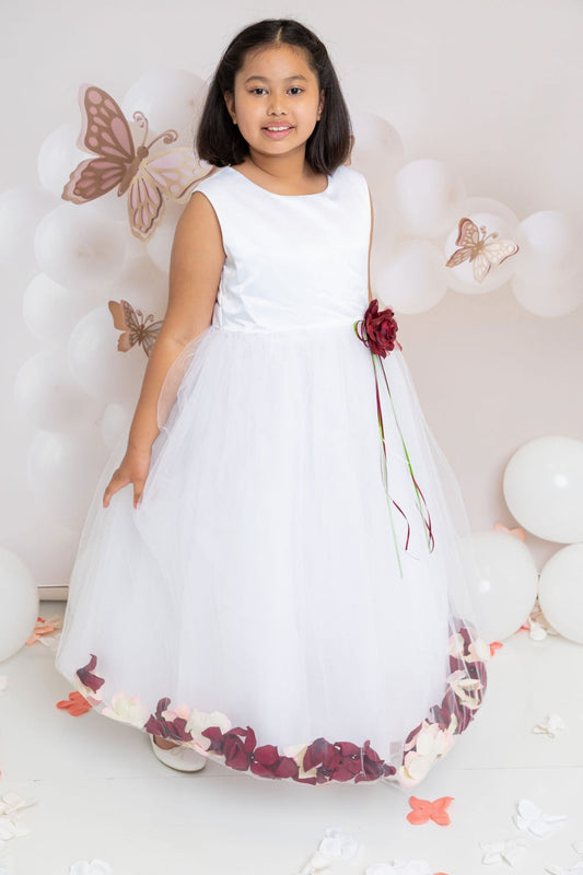 Ivory satin flower petal dress for girls by Kid's Dream, featuring a flowing design and elegant satin fabric.