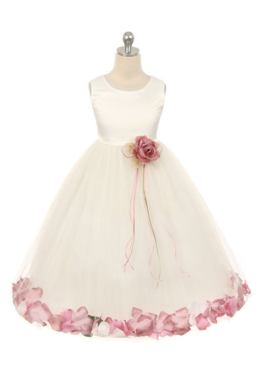Ivory satin flower petal girls dress by Kid's Dream, featuring a delicate satin bodice and floral petal details for special occasions.