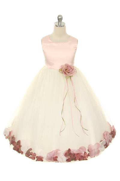 Dusty rose satin dress for girls with floral petal design by Kid's Dream, featuring a cute, elegant style perfect for special occasions.