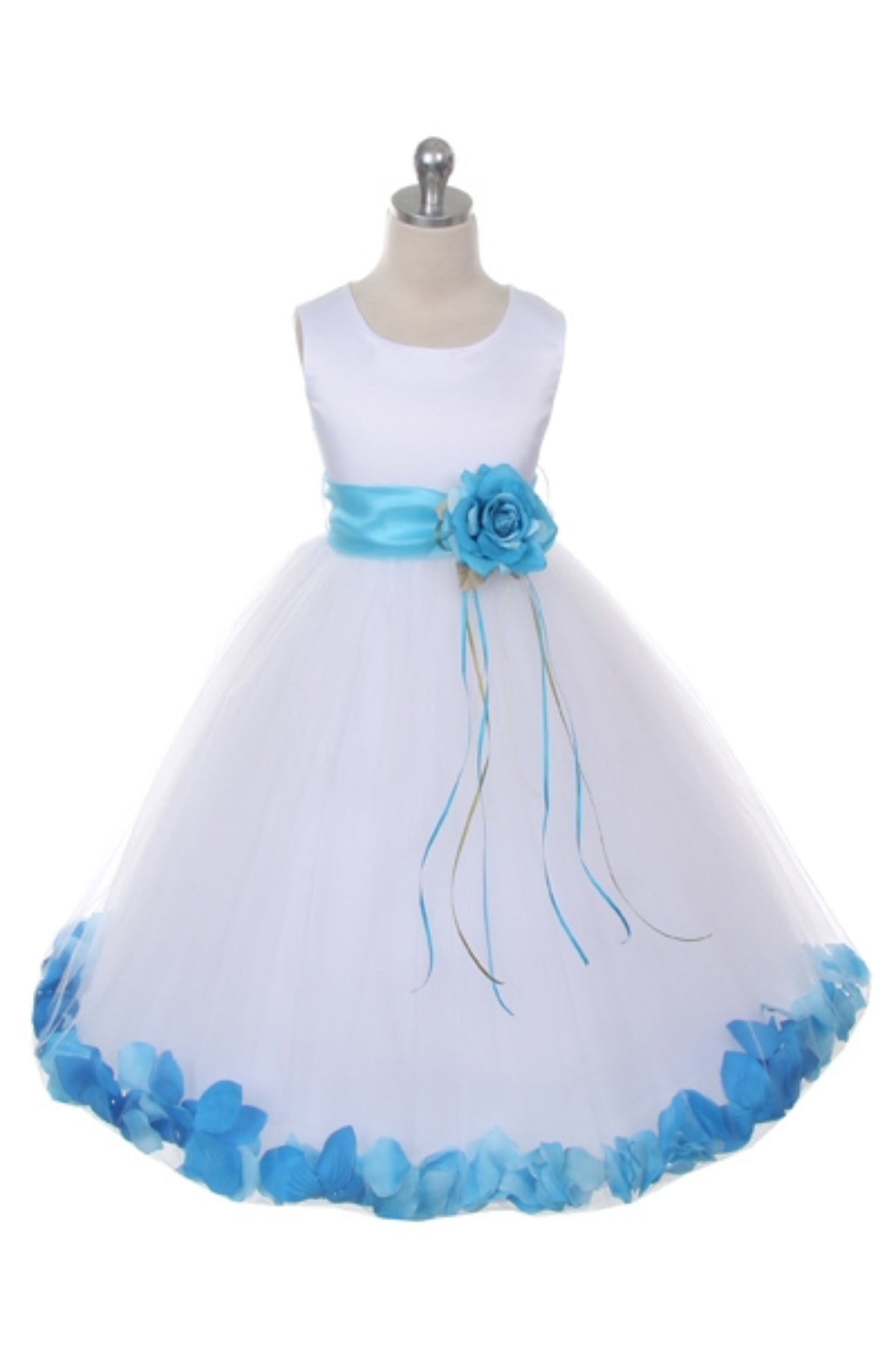 White satin flower petal girl dress with organza sash from Kid's Dream, featuring delicate floral details and a flowing silhouette.