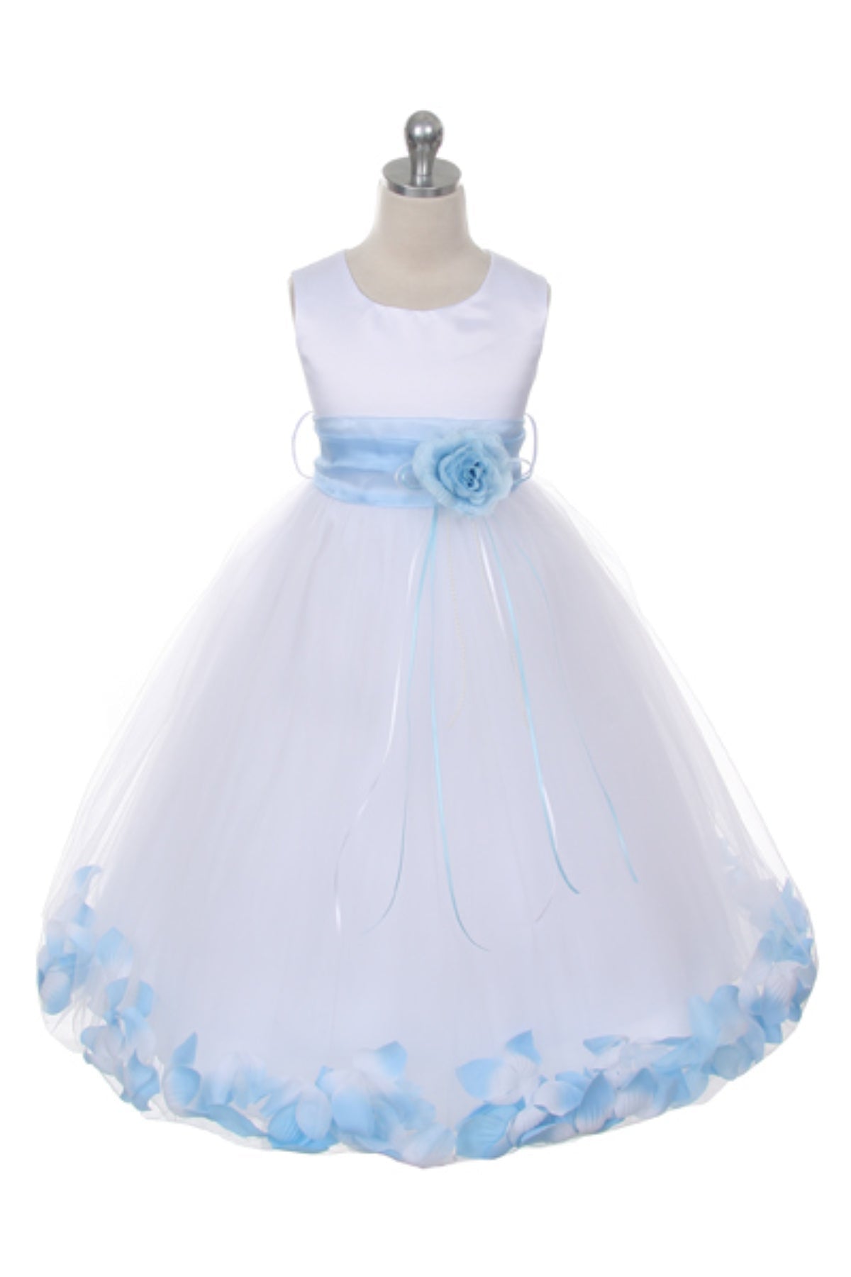 White satin girl dress with organza sash and floral petal details, designed for children by Kid's Dream.