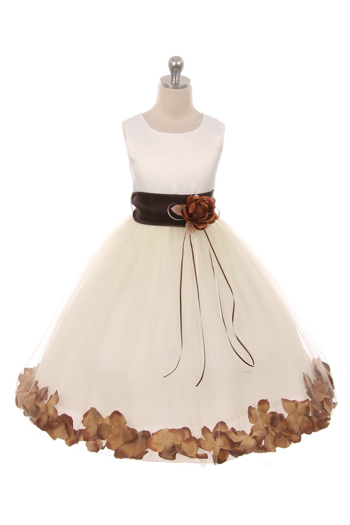 White satin flower petal girl dress with organza sash by Kid's Dream, featuring delicate floral details and a flowing satin design.