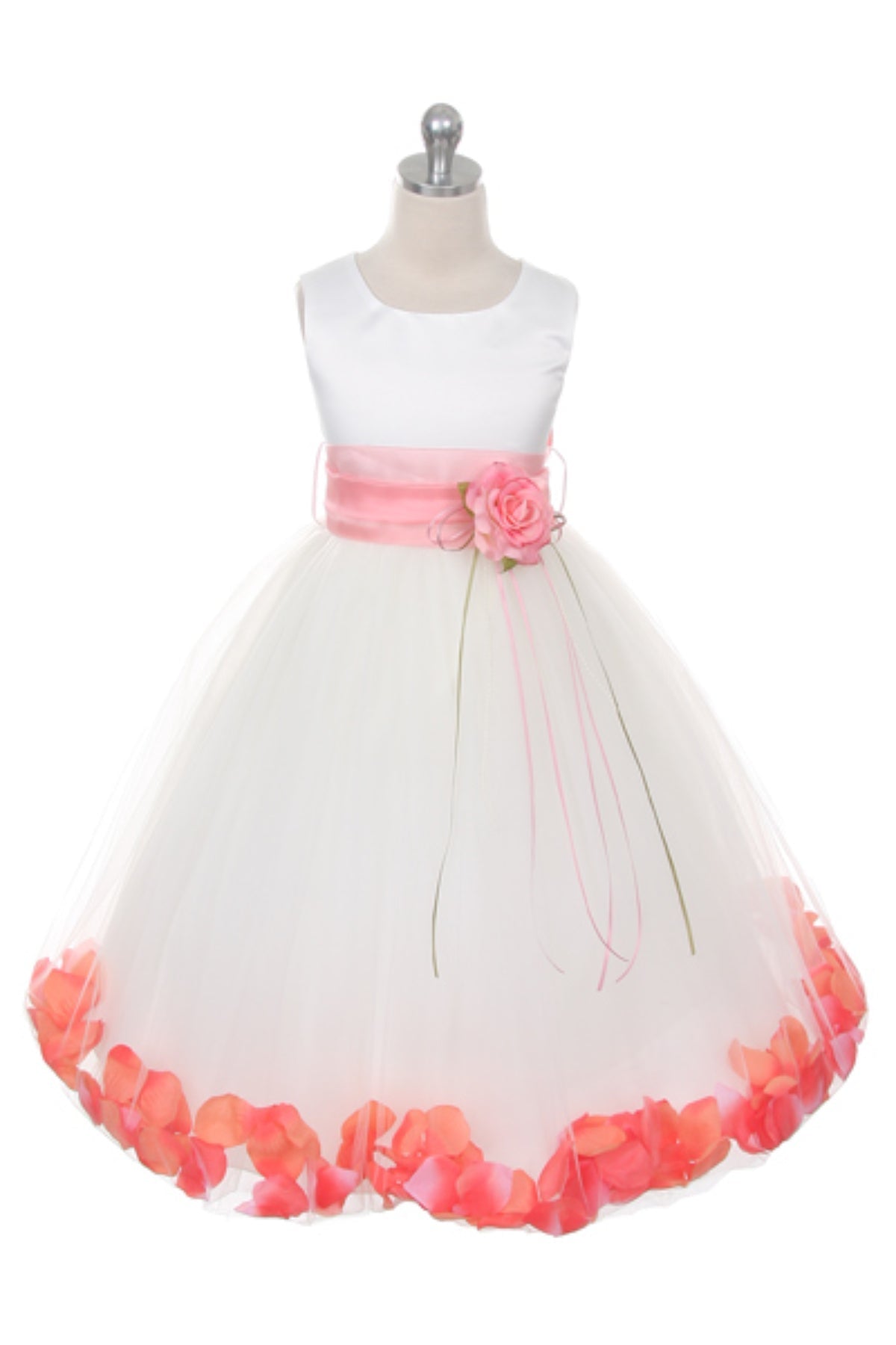 White satin girl dress with flower petals and organza sash, featuring delicate details and a soft, elegant design for special occasions.