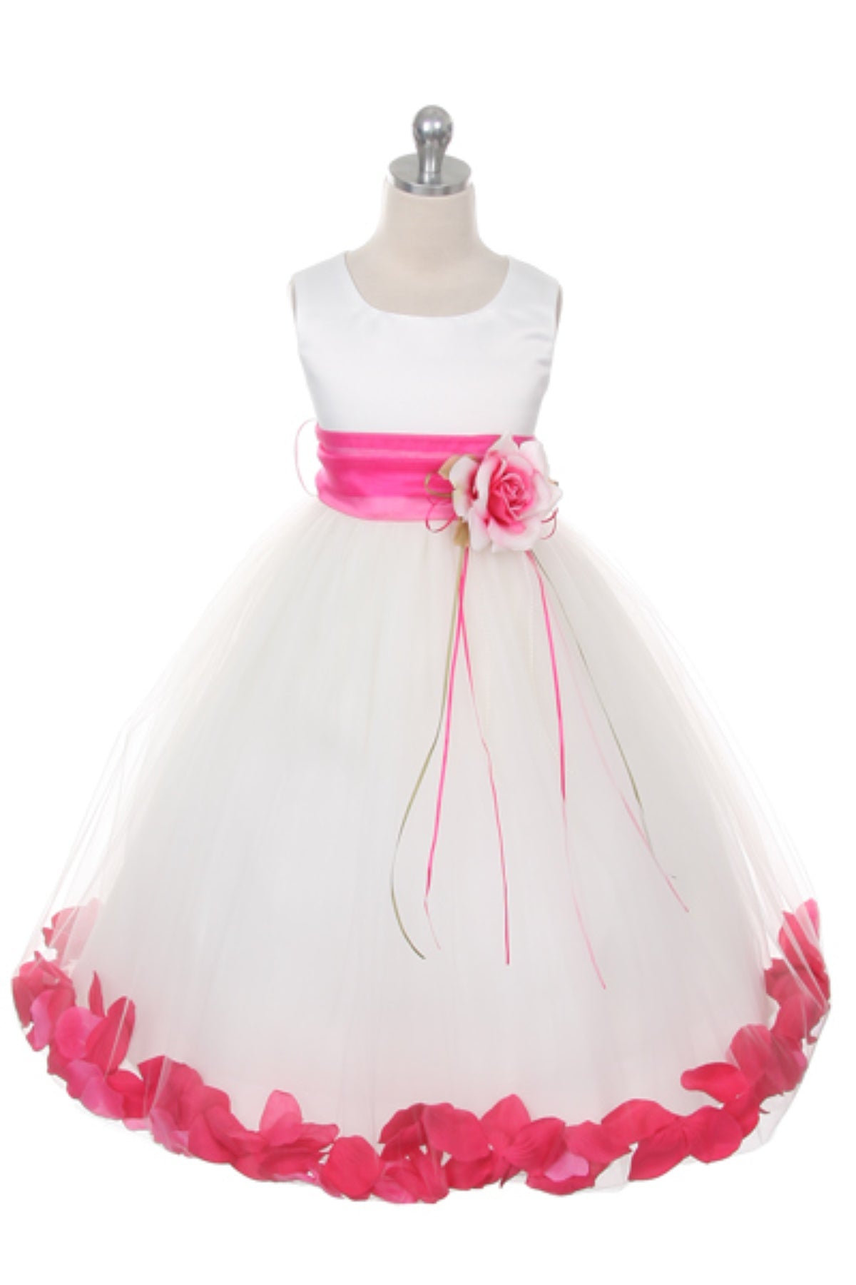 White satin girl dress with organza sash and flower petals, designed by Kid's Dream, shown from the back with ruffled skirt and floral accents.
