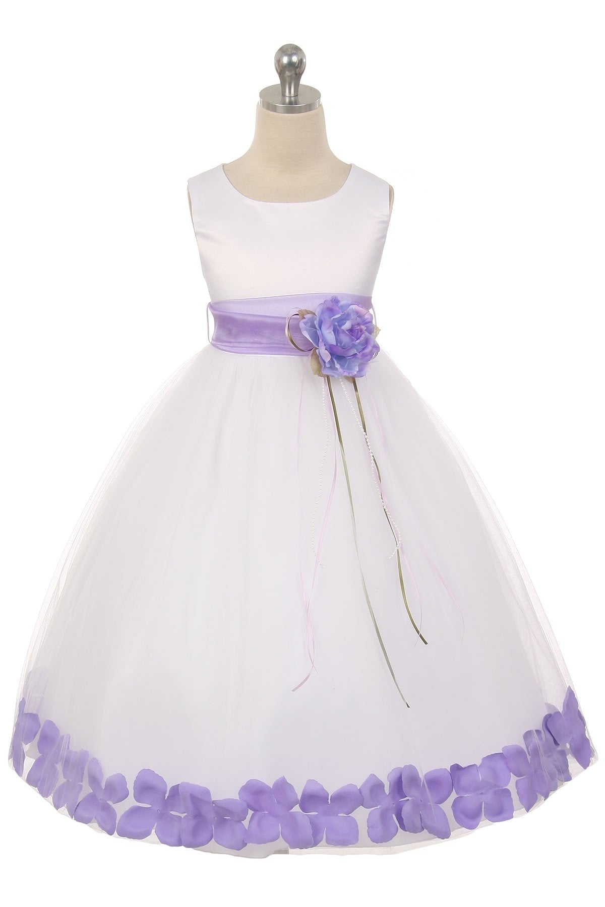 White satin girl dress with organza sash, featuring floral petal details, from Kid's Dream for special occasions.