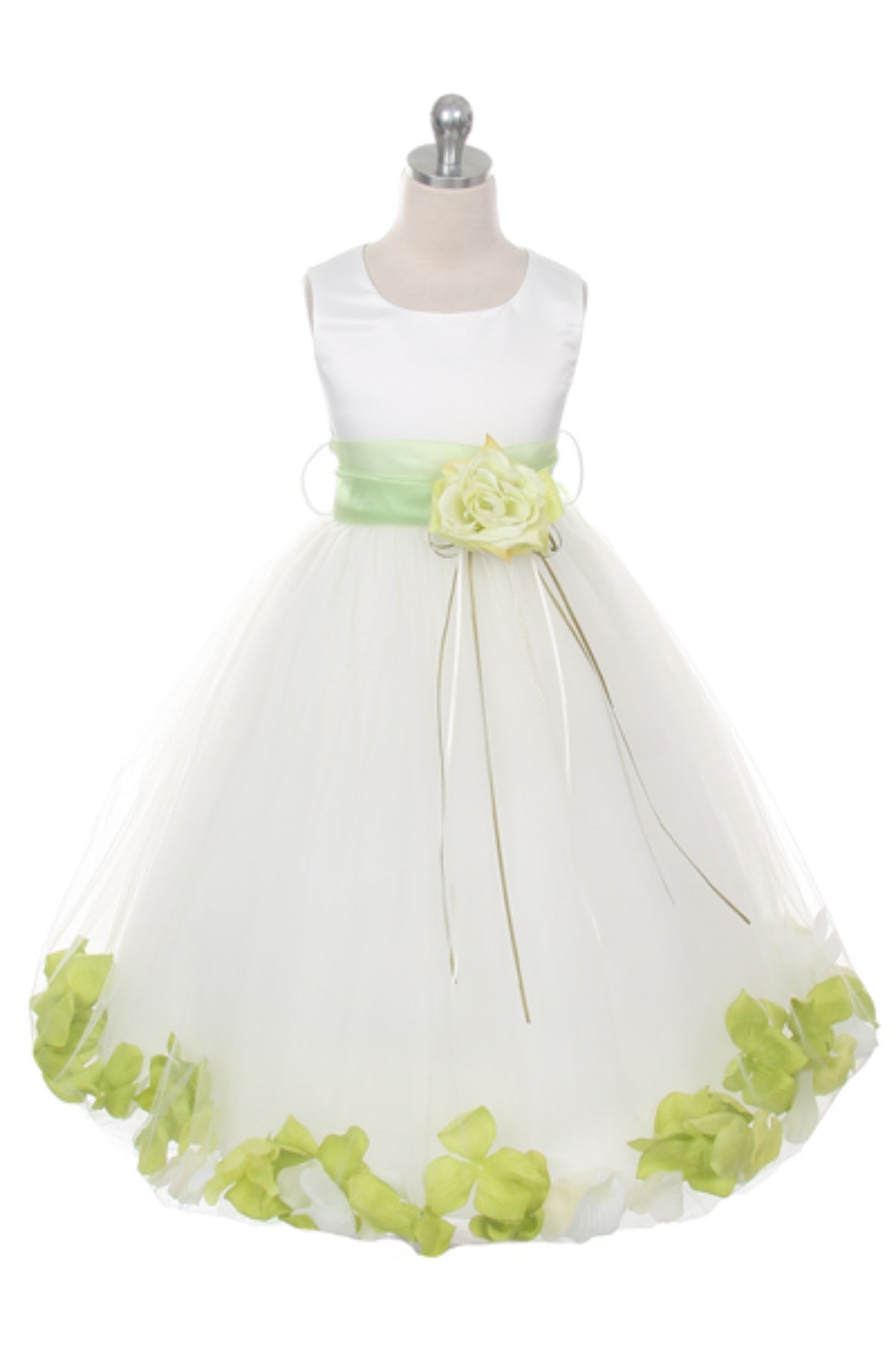 White satin flower petal girl dress with organza sash by Kid's Dream, featuring a delicate design and elegant details.