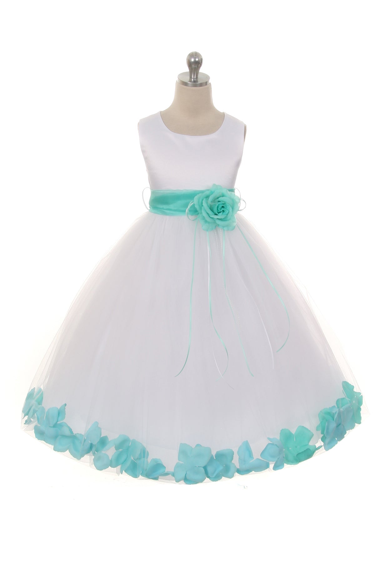 White satin flower petal girl dress with organza sash from Kid's Dream, showing the elegant dress with delicate details and soft fabric.