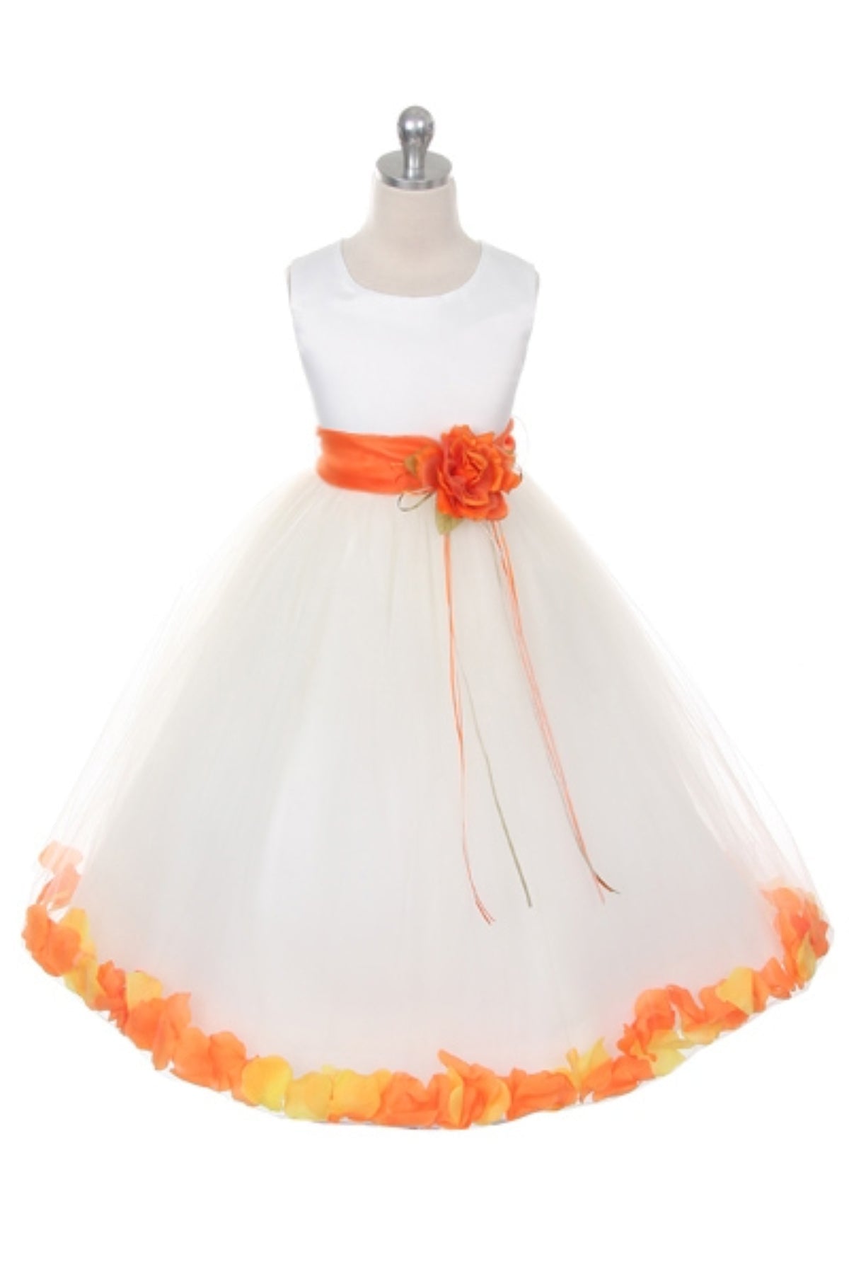 White satin flower petal girl dress with organza sash from Kid's Dream, featuring a delicate floral design and elegant sash detail.