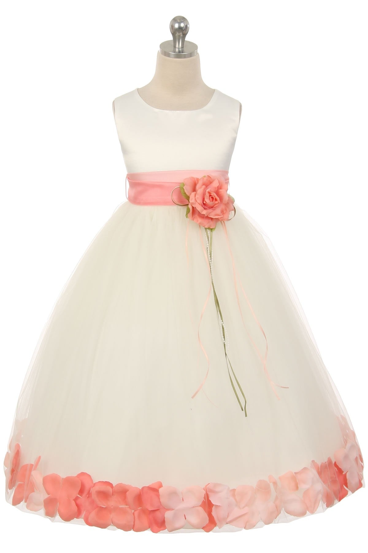White satin girl dress with organza sash and flower petal details, perfect for special occasions by Kid's Dream.
