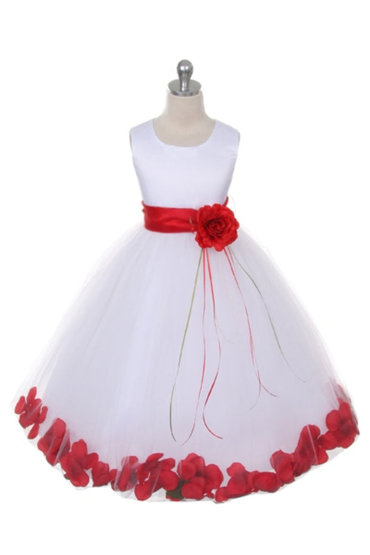 White satin flower petal girls' plus size dress with organza sash, by Kid's Dream, featuring a delicate floral design and elegant sash.