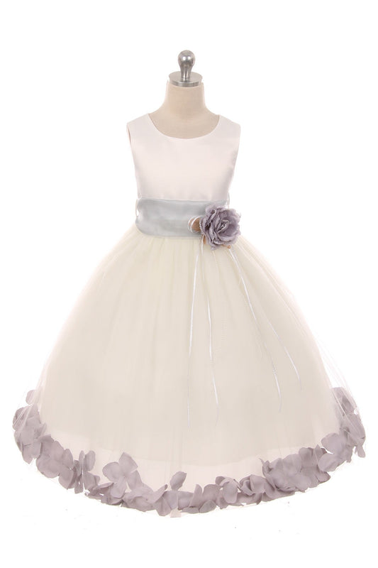 Ivory satin flower petal girls' plus size dress with organza sash, by Kid's Dream, featuring a flowing satin skirt and floral detailing.