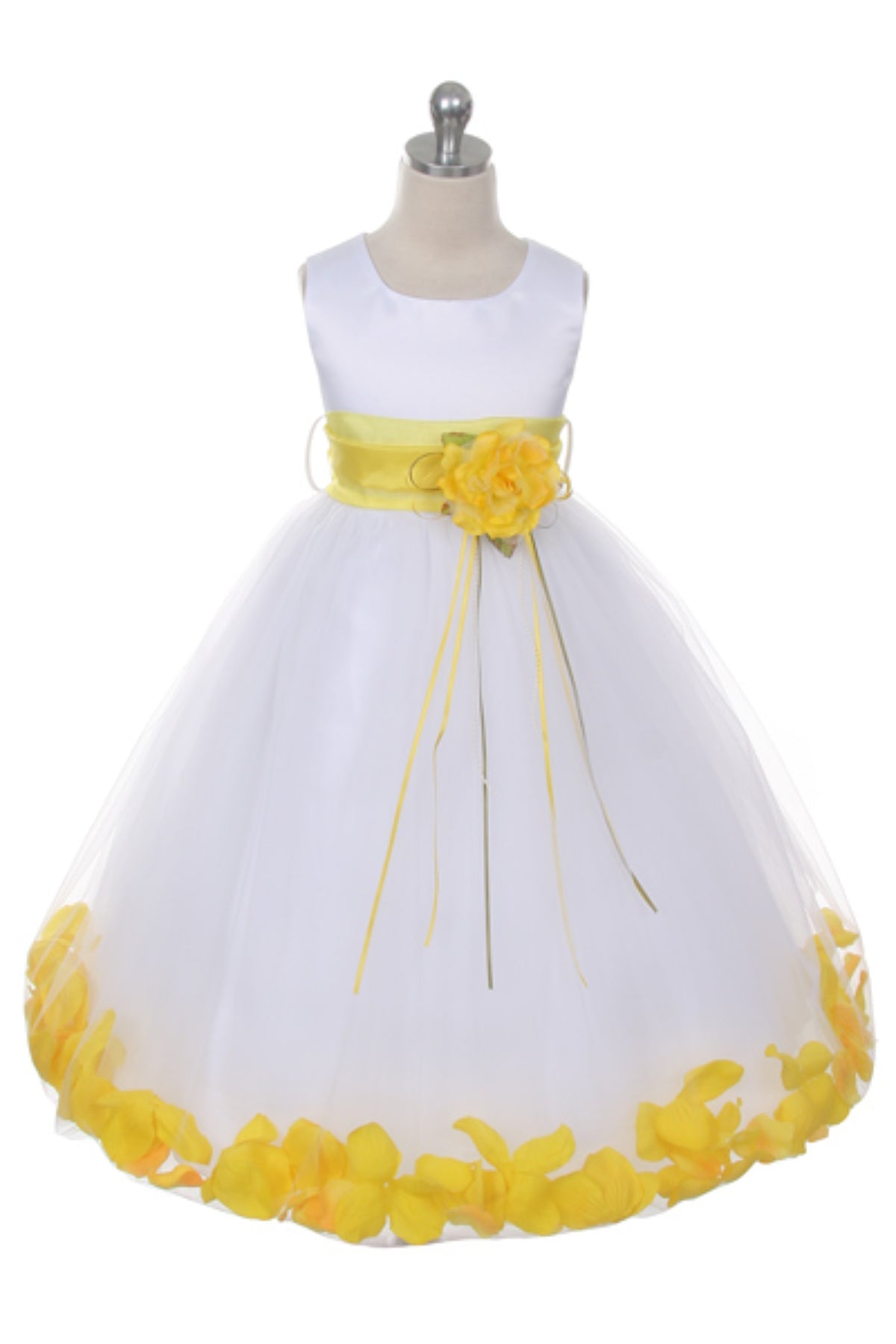 White satin girl dress with organza sash and yellow flower petals, featuring a sleeveless design and elegant bow detail.