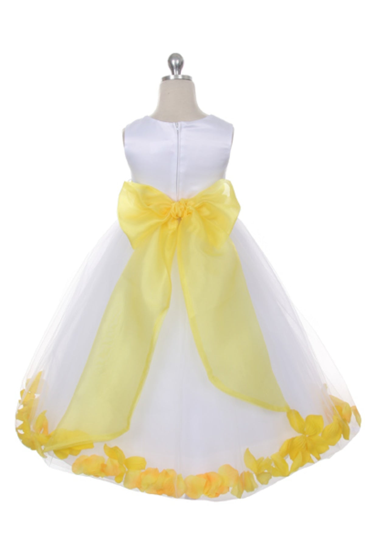 White satin flower petal girl dress with organza sash from Kid's Dream, featuring a yellow sash and delicate floral details.