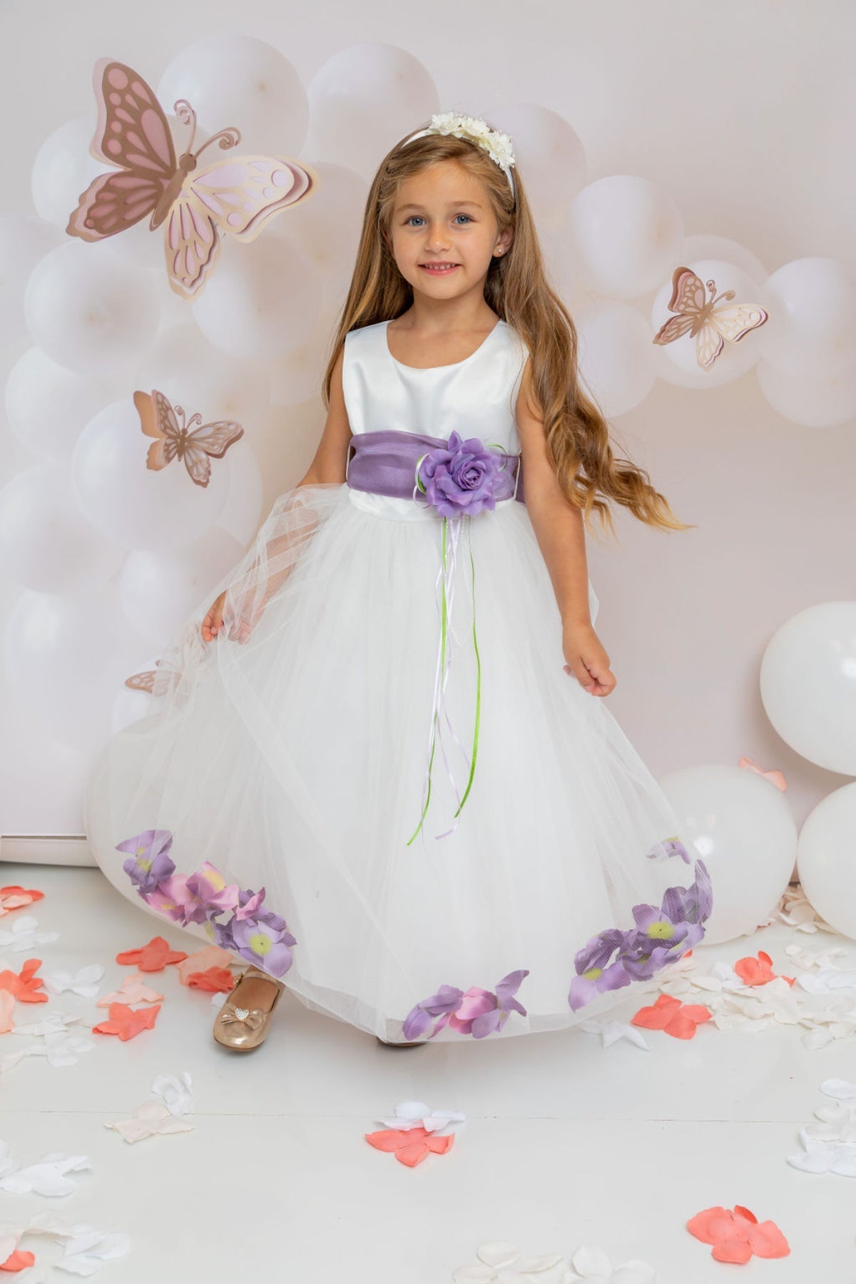 White satin flower petal girl dress with organza sash by Kid's Dream, featuring a delicate floral design and elegant sash detail.