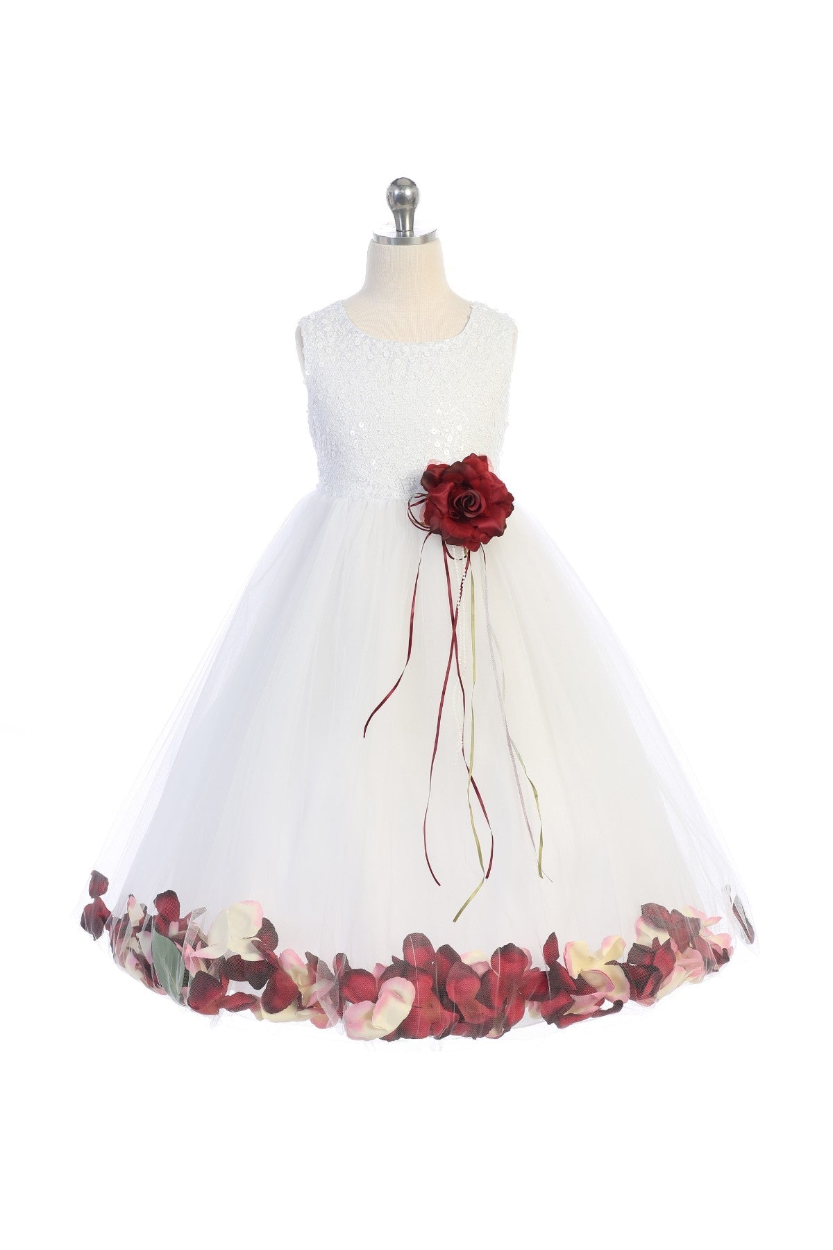 White sequin top with flower petal design, Kid's Dream girls' dress, elegant and festive for special occasions.