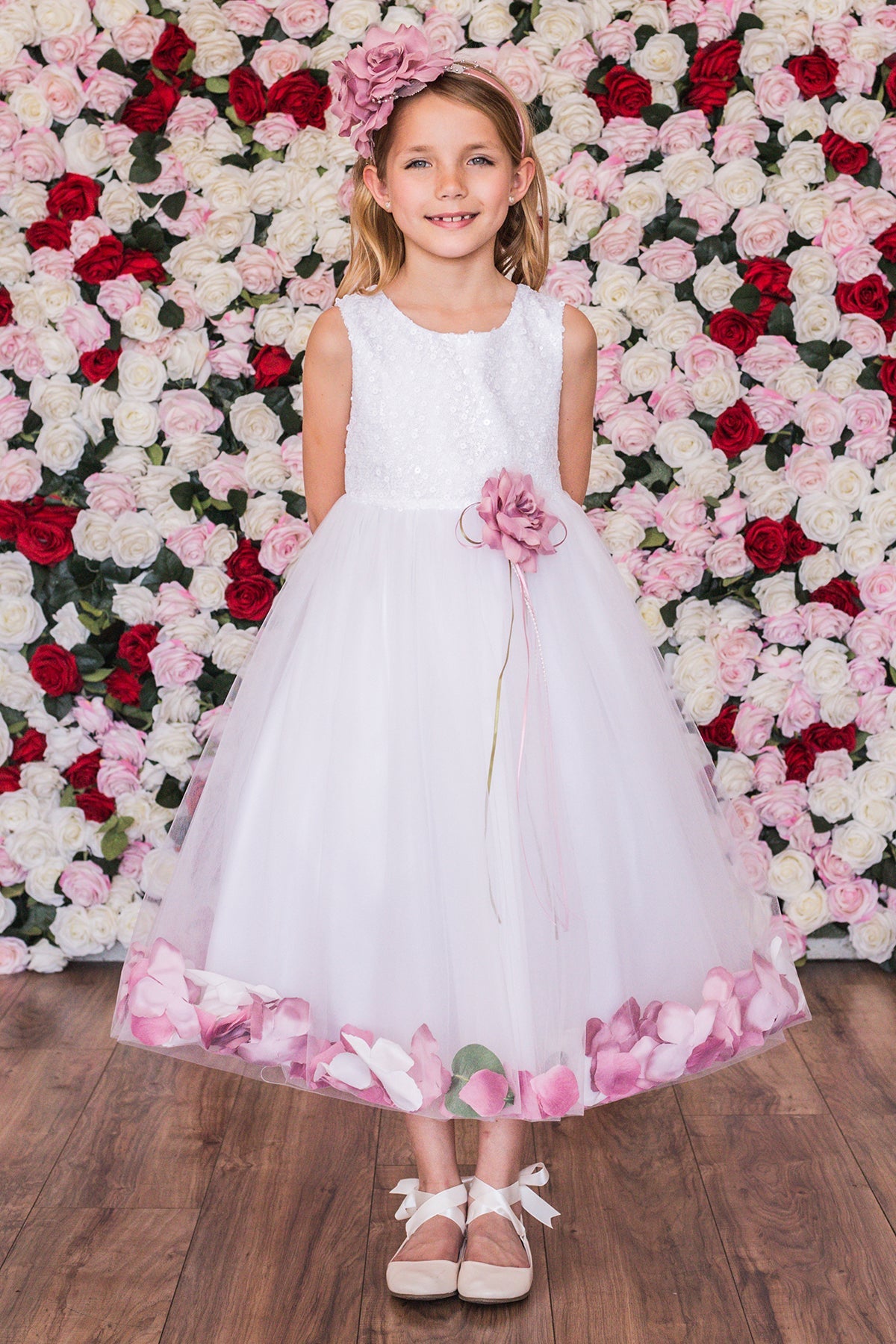 White sequin top flower petal girls dress by Kid's Dream, featuring a sparkly sequined bodice and floral petal design.