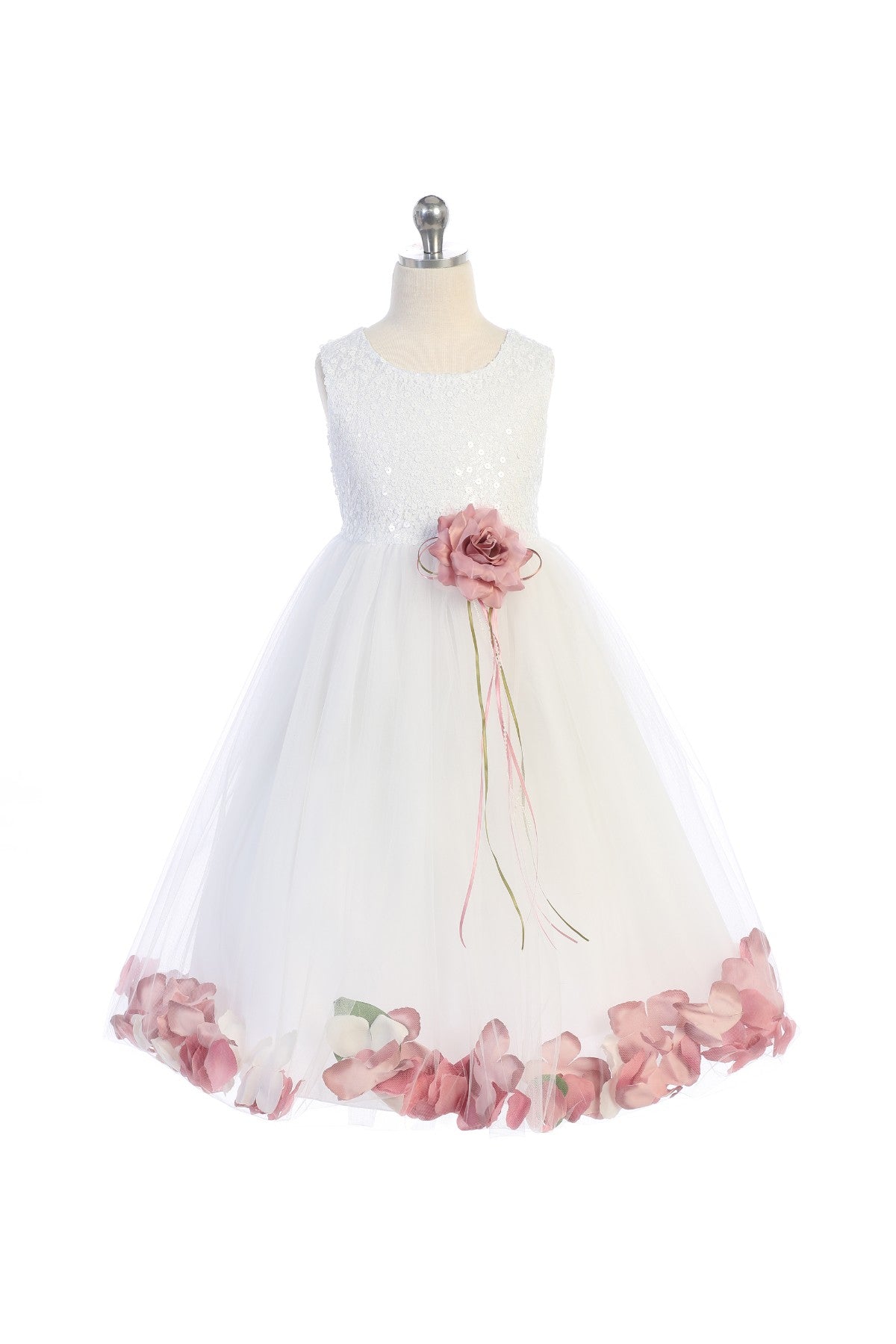 White sequin top with floral petal design, girls' dress by Kid's Dream featuring sparkling sequins and a delicate, feminine style.