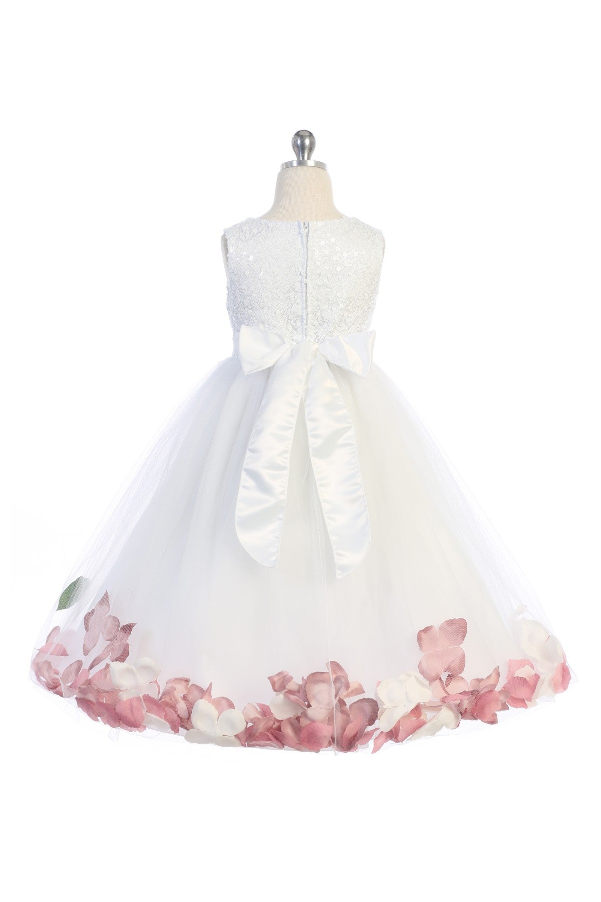 White sequin top flower petal girls dress by Kid's Dream, featuring a sparkly sequin bodice and floral petal details.