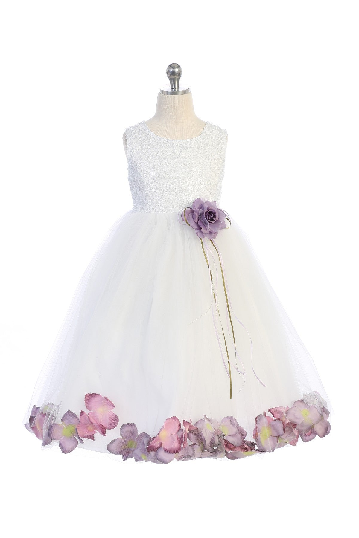 White sequin top with flower petal design for girls, Kid's Dream dress featuring a shimmering, elegant look.