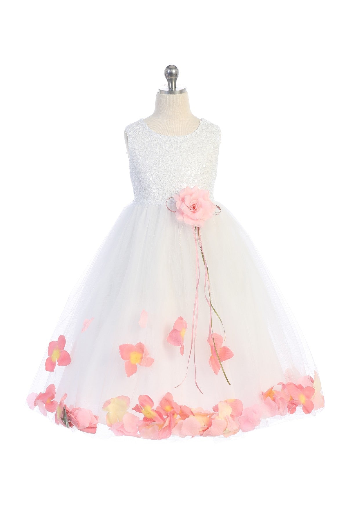 White sequin top and flower petal design girls' dress by Kid's Dream, featuring a stylish, festive look with sequins and floral details.