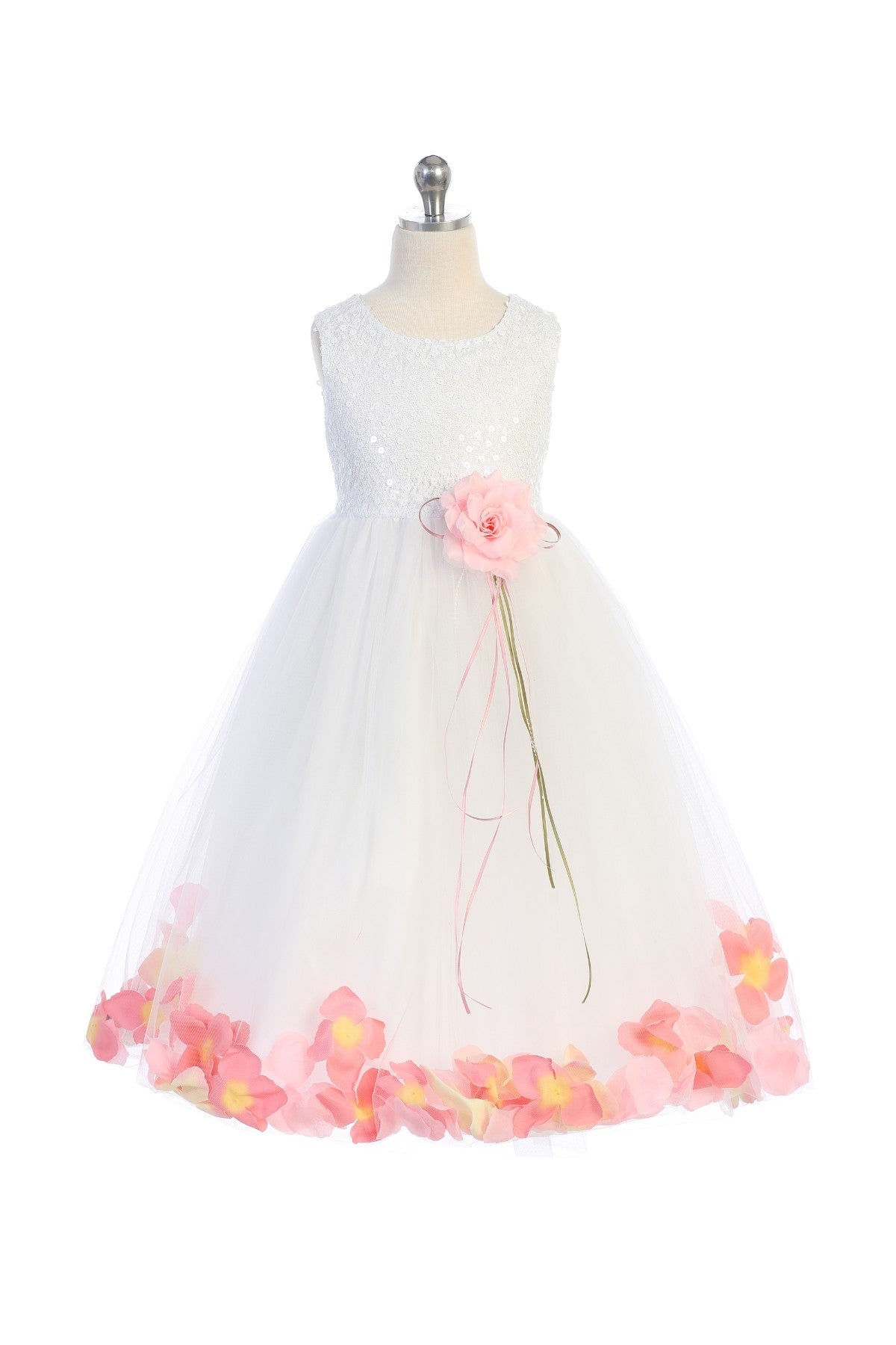 White sequin top flower petal dress for girls by Kid's Dream, featuring a sparkly sequined bodice and floral design.