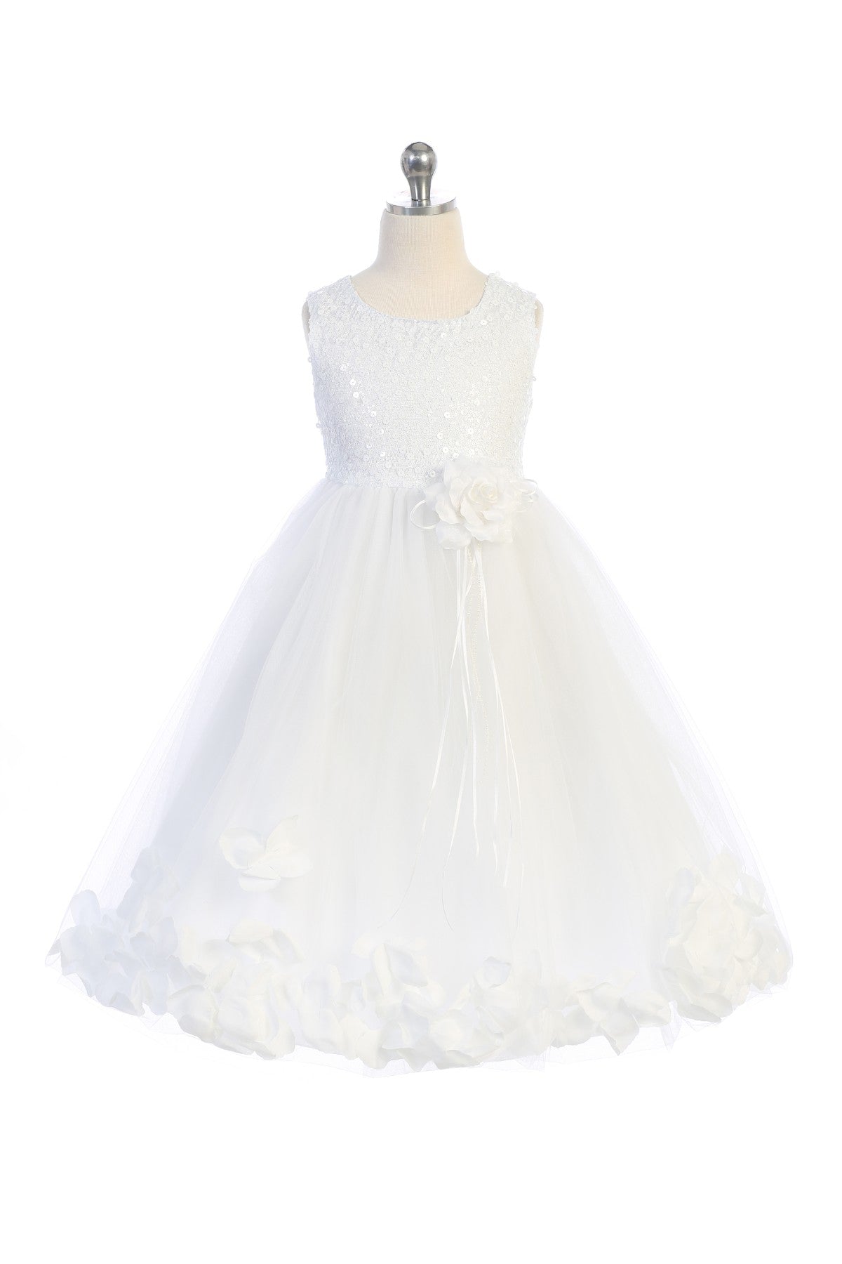 White sequin top flower petal girls' dress by Kid's Dream, featuring a sparkly sequin bodice and floral petal design.