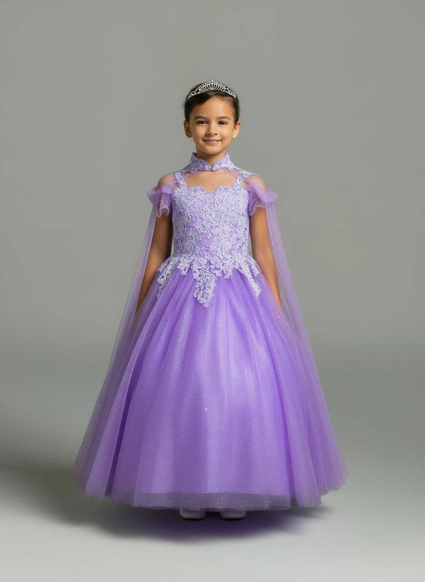 Calla Collection SCK-310 girls special occasion dress showcasing a beautifully embroidered bodice and ruffle off-shoulder sleeves.