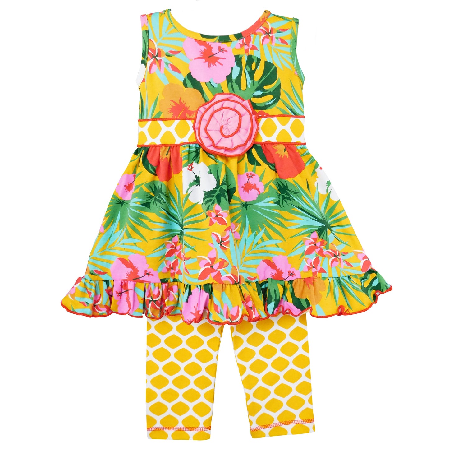 AnnLoren Big Little Girls Hawaiian Hibiscus Tropical Floral Dress & Yellow Leggings Boutique Set