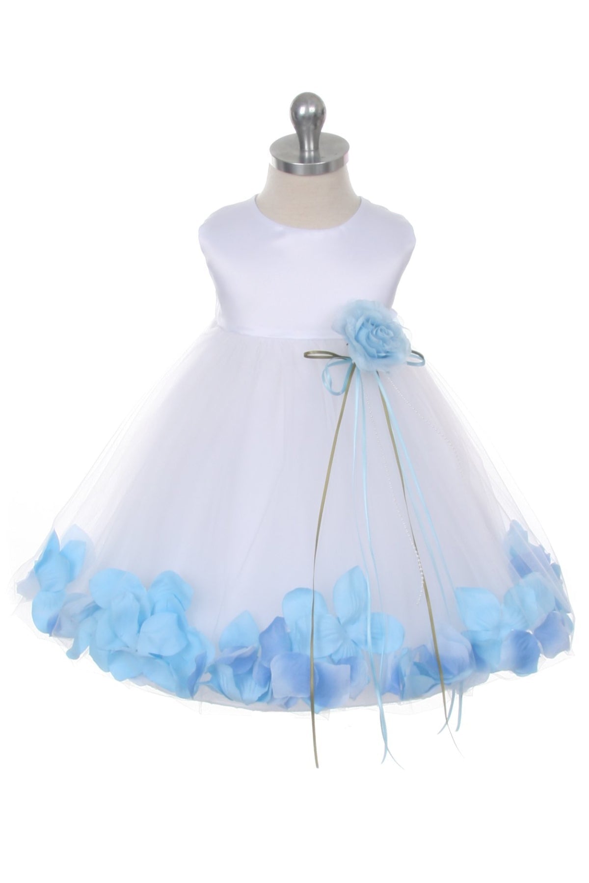 White satin flower petal baby dress with organza sash by Kid's Dream, featuring a delicate, elegant design for special occasions.