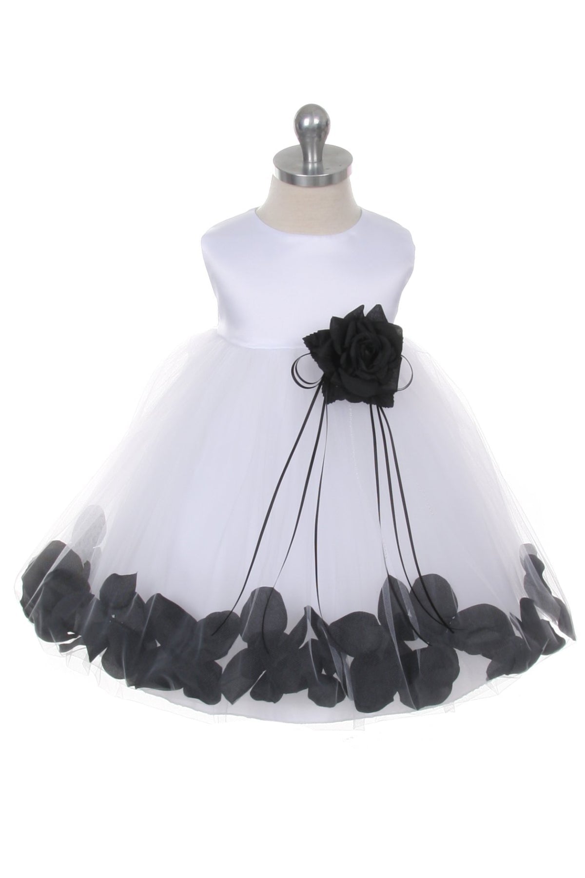 White satin flower petal baby dress with organza sash by Kid's Dream, featuring delicate floral details and elegant design.