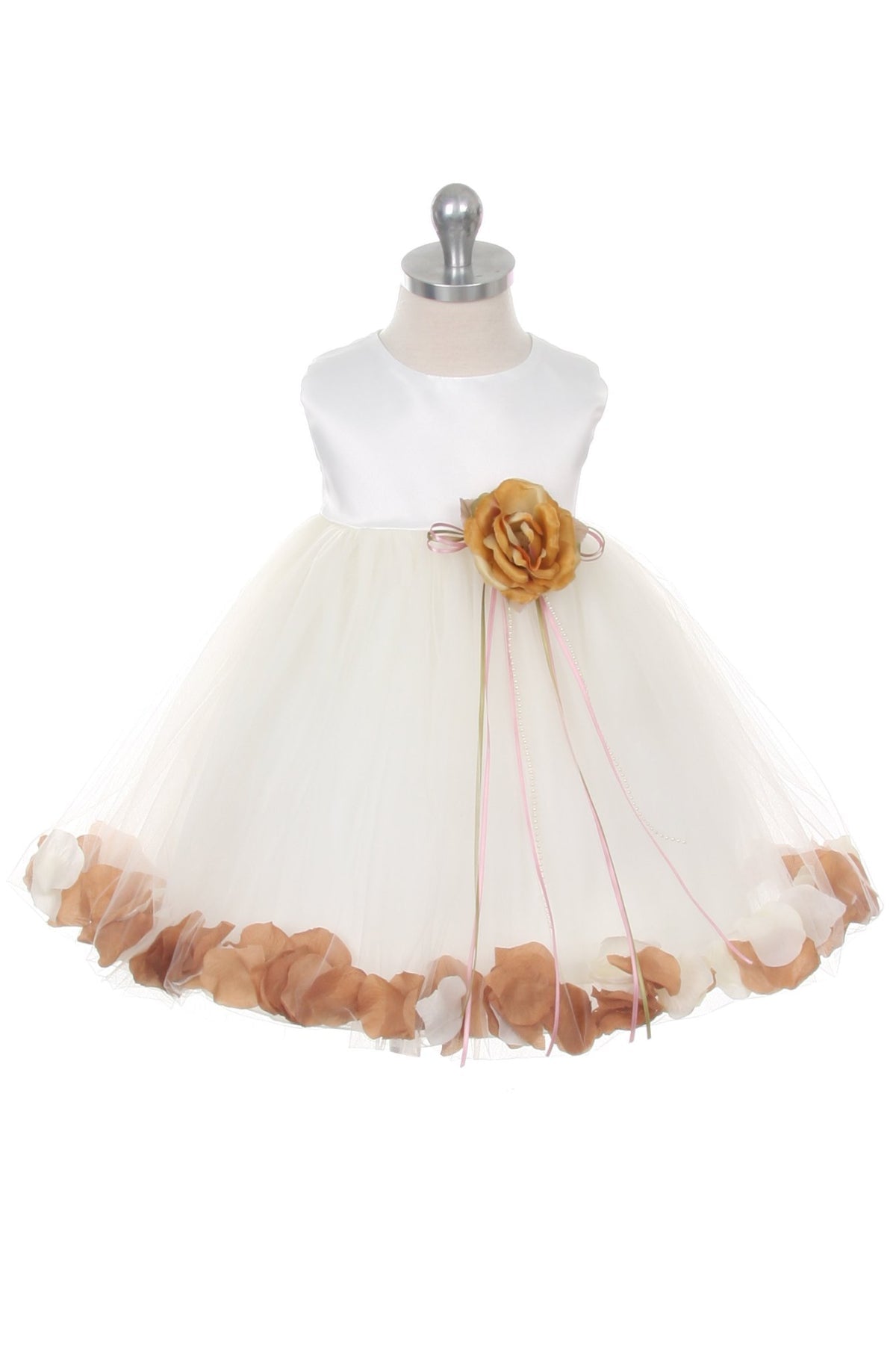 White satin flower petal baby dress with organza sash by Kid's Dream, featuring delicate floral details and elegant design.