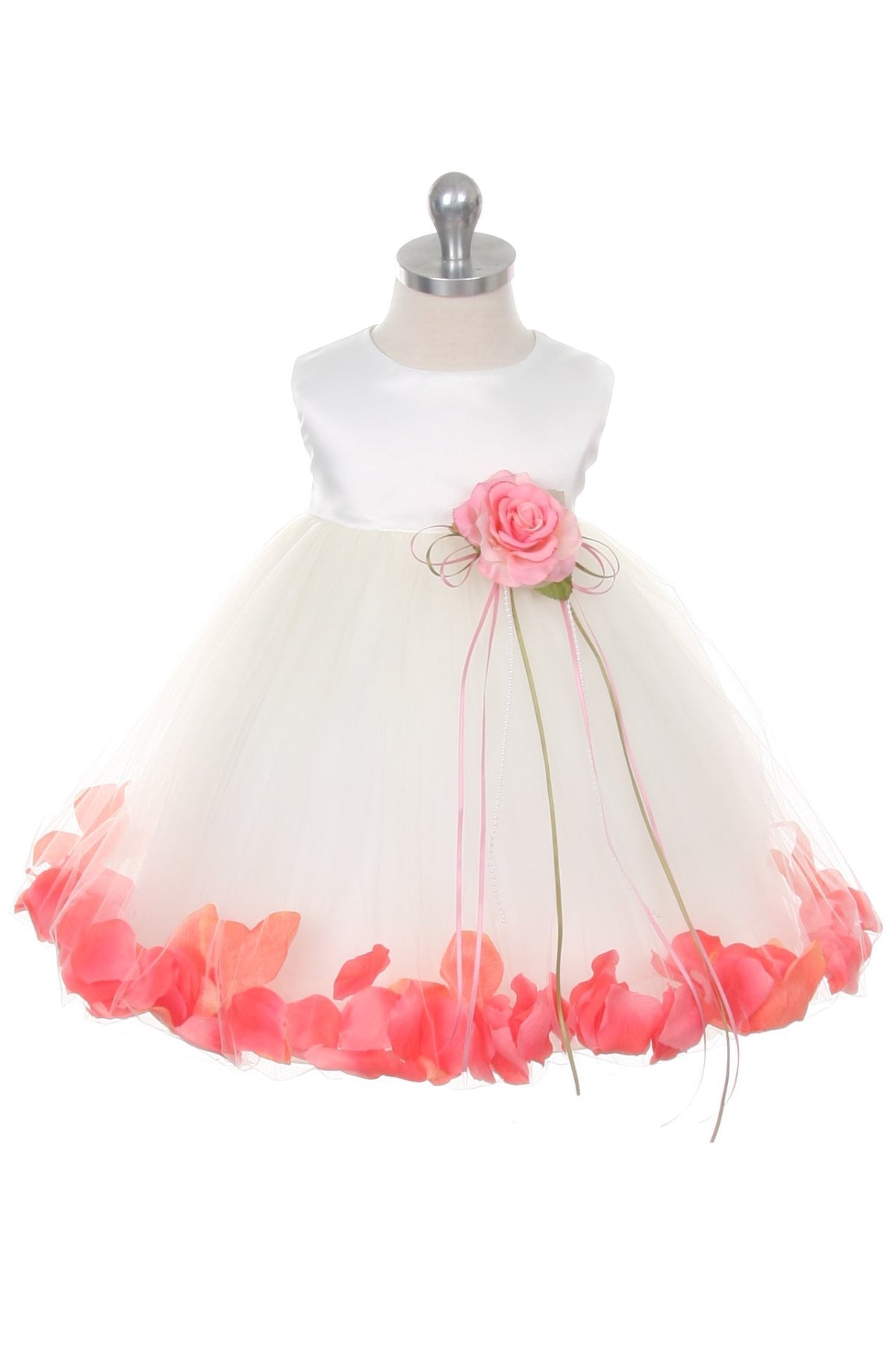 Kid's Dream white satin flower petal baby dress with organza sash, featuring delicate floral details and soft fabric for special occasions.