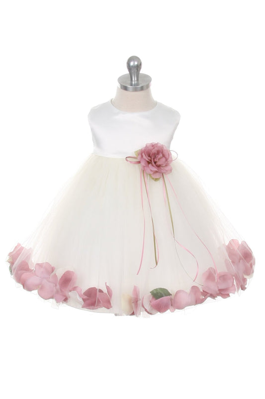Ivory satin flower petal baby dress by Kid's Dream, soft and elegant with floral details, suitable for special occasions.